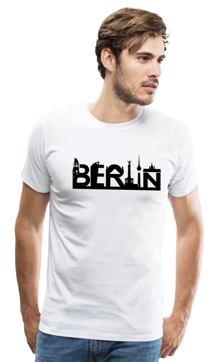 Berlin: T-Shirt mit Mischung aus Berliner Skyline und dem Wort Berlin mit Sehenswürdigkeiten wie dem Berliner Fernsehturm, Siegessäule, Brandenburger Tor und mehr
