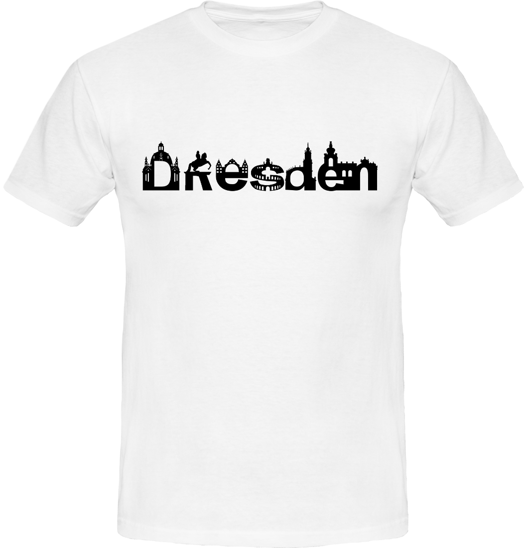 Dresden: T-Shirt mit Mischung aus Dresdner Skyline und dem Wort Dresden mit Sehenswürdigkeiten wie der Frauenkirche, dem Goldenem Reiter, Semperoper und mehr