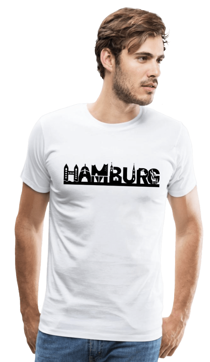 Hamburg: T-Shirt mit Mischung aus Hamburger Skyline und dem Wort Hamburg mit Sehenswürdigkeiten wie der Elbphilharmonie, St. Michaelis, Tierpark Hagenbeck und mehr