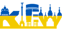 Kiew Skyline mit Sehenswürdigkeiten in Flaggen Optik