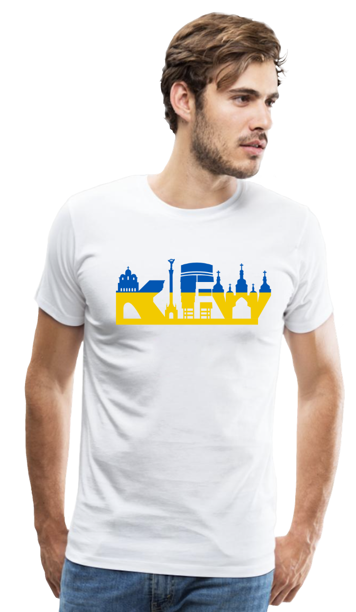 Kiew: T-Shirt mit Skyline von Kiew und Sehenswürdigkeiten mit Flagge der Ukraine