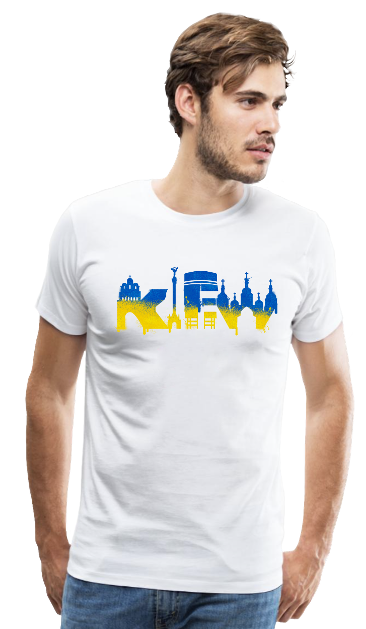 Kiew: T-Shirt mit Skyline von Kiew in Graffiti Optik in ukrainischen Farben