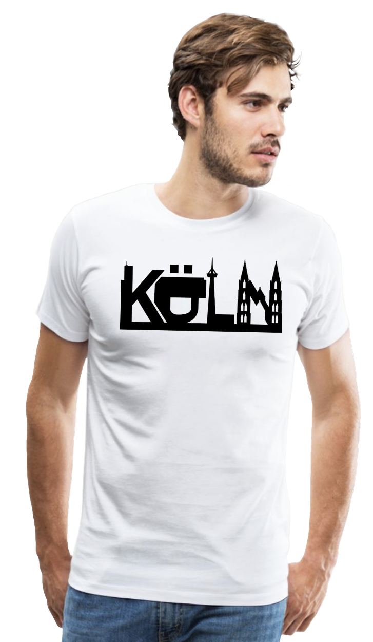 Köln: T-Shirt mit Mischung aus Kölner Skyline und dem Wort Köln mit Sehenswürdigkeiten wie dem Kölner Dom, Kranhäusern, Kölnturm und Colonius-Turm